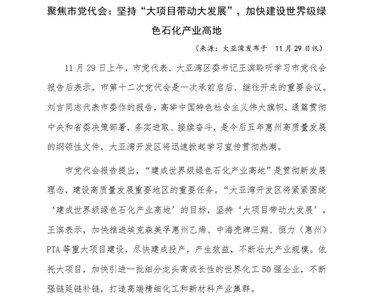 聚焦市黨代會：堅持“大項目帶動大發(fā)展”，加快建設世界級綠色石化產業(yè)高地